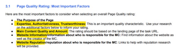 A screenshot of Google's Search Quality Evaluator Guidelines document, showing the "Most Important Factors"