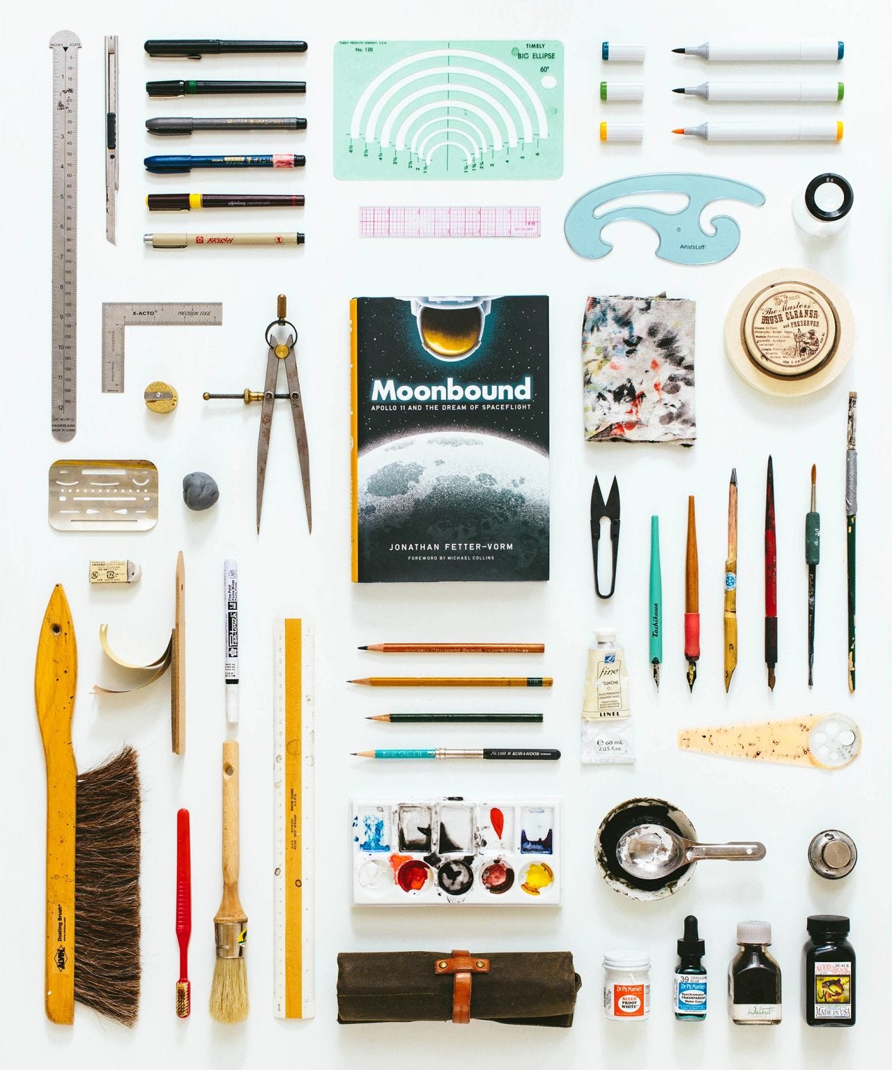 In anticipation of the release of Moonbound: Apollo 11 and the Dream of Spaceflight (2020), Field Guide Designs photographed Jonathan Fetter-Vorm’s comics tools and materials. Photo by Mandy Mohler. Courtesy of Jonathan Fetter-Vorm.