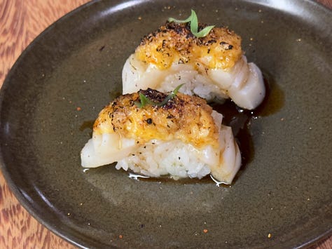 Three photos of nigiri with seafood and little details such as bonito flakes and sesame on top of a bite of marinated sushi rice.