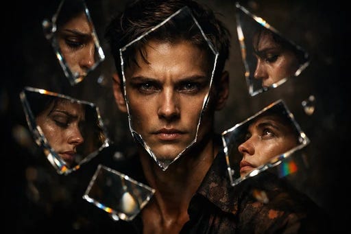 A figure reflected multiple times, each reflection showing a different version of self