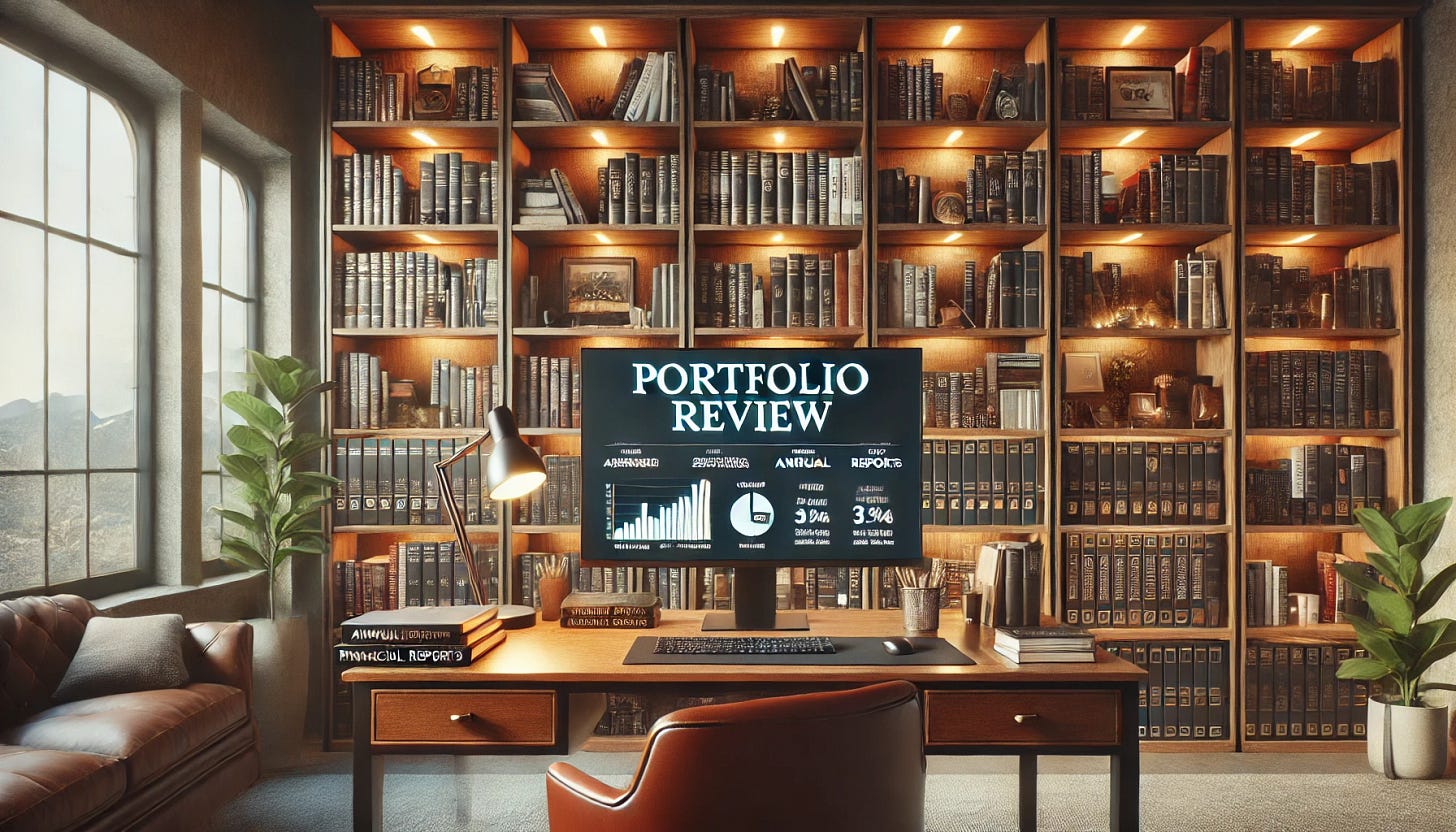 A cozy, well-lit room filled with bookshelves stacked with numerous books. At the center is a large desk with a big computer screen displaying the words 'Portfolio Review' in bold letters. On the desk, there are books about investments, alongside annual reports, and financial reports neatly arranged. The ambiance is professional yet inviting, with subtle financial-themed decor and warm wooden furniture.