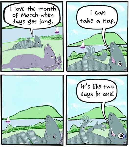 A striped rat laying in the sun says that they love March because the days get long. They can take a nap. The rat wakes up and says, “It’s like two days in one.”