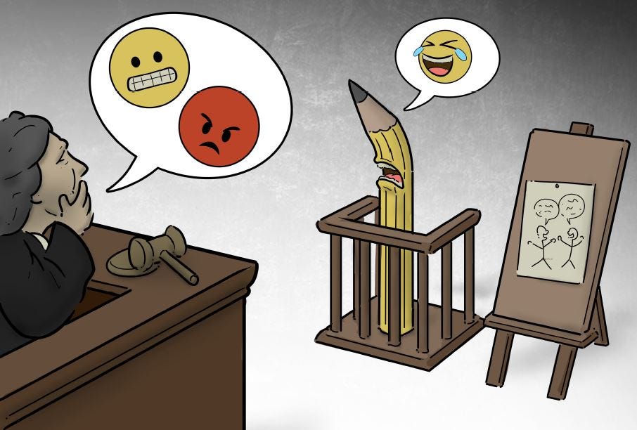 Cartoon showing a judge with a speech bbubble with angry emojis talking to a defendant shaped like a cartoonist’s pencil with speech bubble containing a laughing emoji. Next to the defendant is a cartoon on an easel showing two stick figures engaged in an unreadable dialogue.