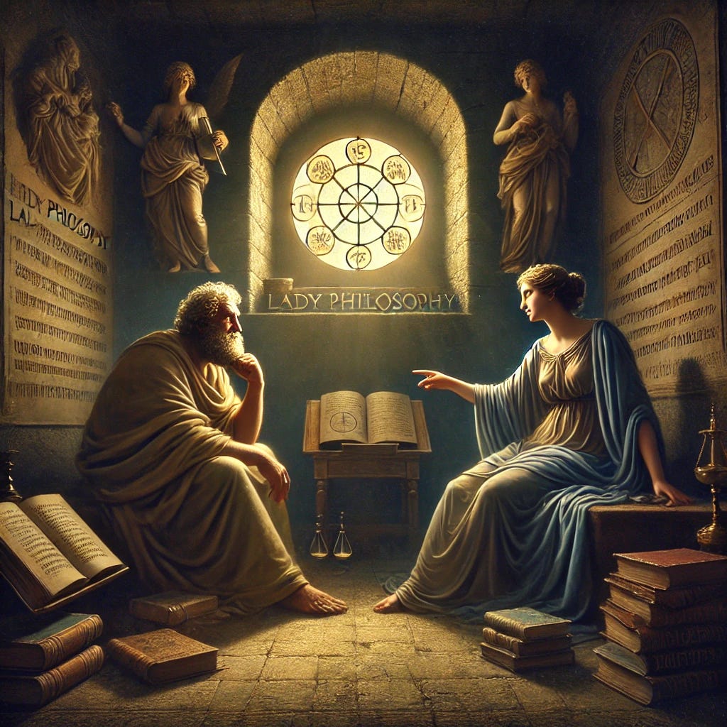 A medieval philosopher, Boethius, sitting in a dark prison cell, illuminated by soft light coming from a small window. Next to him, a female allegorical figure representing Lady Philosophy, who is dressed in flowing robes, appears serene and wise. She is engaging in a conversation with Boethius, guiding him, with a backdrop of ancient books and philosophical symbols surrounding them. The atmosphere is one of reflection, wisdom, and hope in a time of despair. The style is inspired by classical, medieval art with symbolic elements of knowledge and fate. A medieval philosopher, Boethius, sitting in a dark prison cell, illuminated by soft light coming from a small window. Next to him, a female allegorical figure representing Lady Philosophy, who is dressed in flowing robes, appears serene and wise. She is engaging in a conversation with Boethius, guiding him, with a backdrop of ancient books and philosophical symbols surrounding them. The atmosphere is one of reflection, wisdom, and hope in a time of despair. The style is inspired by classical, medieval art with symbolic elements of knowledge and fate.
