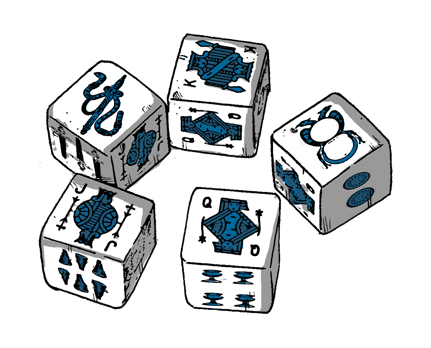 The illustration of five dice with the neapolitan cards figures on their faces.