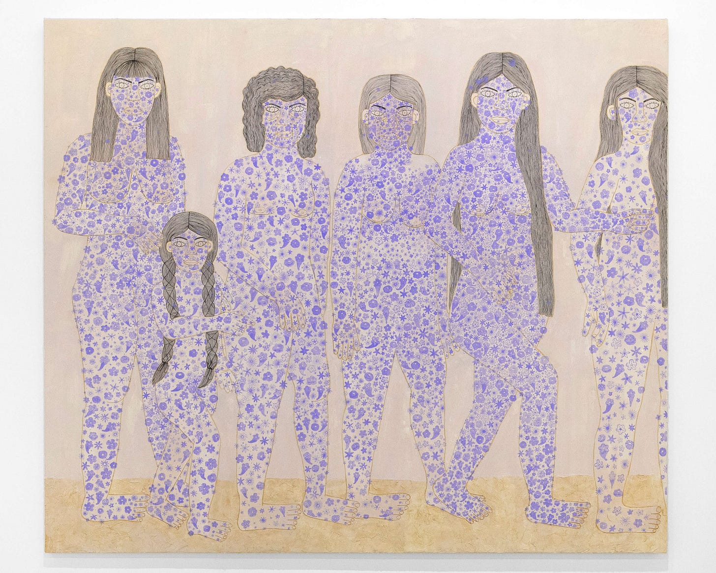 Image: Liz Hernández, "Que todo el mundo se entere: ahí vienen las Jacarandas" (Let everyone know: here come the Jacarandas), 2022. Vinyl paint and clay on canvas, 72 x 96 inches.