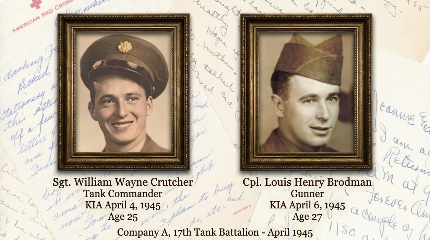 Memorial portraits of Sgt. William Wayne Crutcher (tank commander, killed April 4, 1945, age 25) and Cpl. Louis Henry Brodman (gunner, killed April 6, 1945, age 27), both of Company A, 17th Tank Battalion