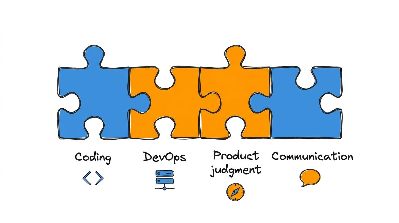 Coding, DevOps, product judgment and communication fit together as complementary engineering skills.