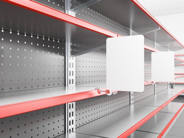 Empty Store Shelves With Rectangles Wobblers Set of shelves in supermarket, Blank stoppers attached to, Isolated shelf template retail fixtures with too much inventory stock pictures, royalty-free photos & images