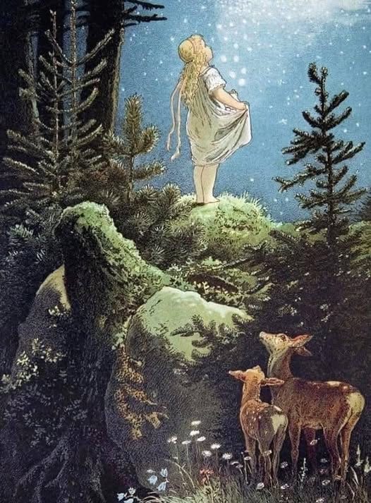 Fairy tale style book illustration from the late 19th century of a girl standing on a rock on a hill in a forest, holding her skirt out to catch falling stars or silver coins from the cosmos. A doe and her fawn stand below watching.