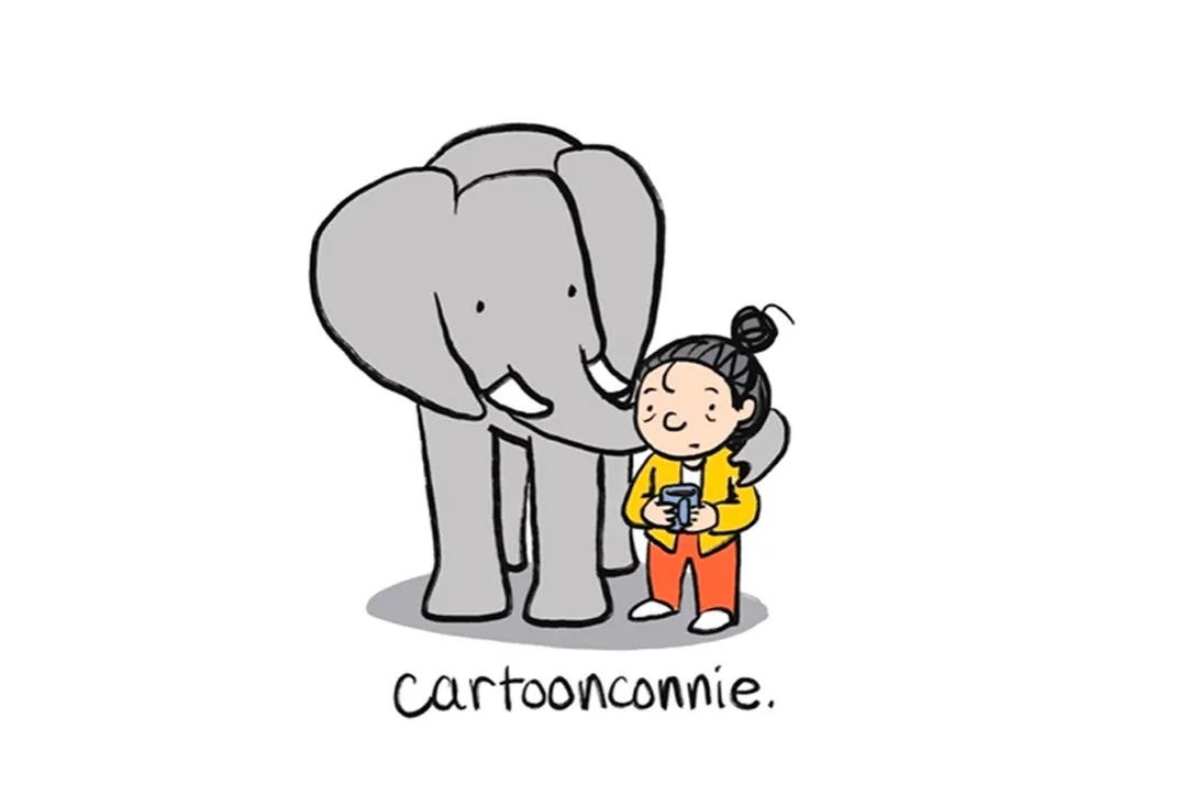 CartoonConnie Comics logo, featuring an illustration of a girl with a coffee mug standing next to an elephant, by Connie Sun CartoonConnie Comics logo, featuring an illustration of a girl with a coffee mug standing next to an elephant, by Connie Sun