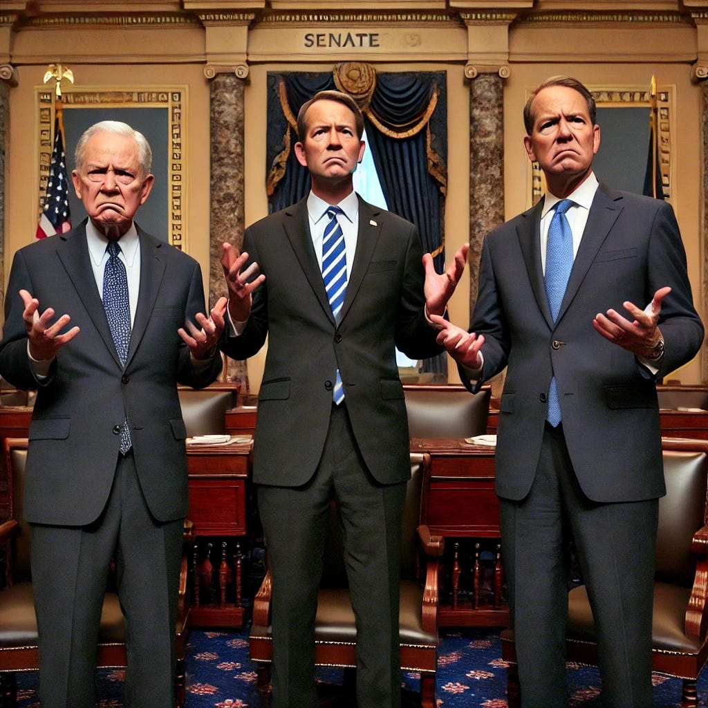 Three U.S. Senators standing in a formal Senate office, looking seriously pissed and befuddled. One senator is throwing his hands up in disgust, while the other two have frustrated and confused expressions. The office is decorated with dark wood furniture, American flags, and official government documents. They wear formal suits and ties, and their body language shows disbelief, frustration, and exasperation.