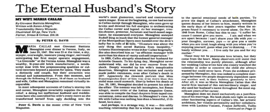 The Times’s November 21, 1982 review of Meneghini’s My Wife Maria Callas