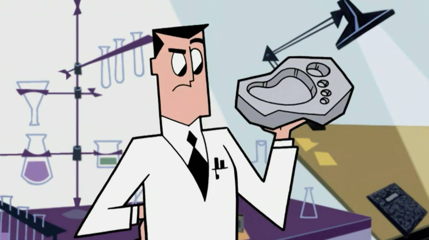 Professor Utonium in a lab coat holding a mold, inside his cartoon laboratory from The Powerpuff Girls.