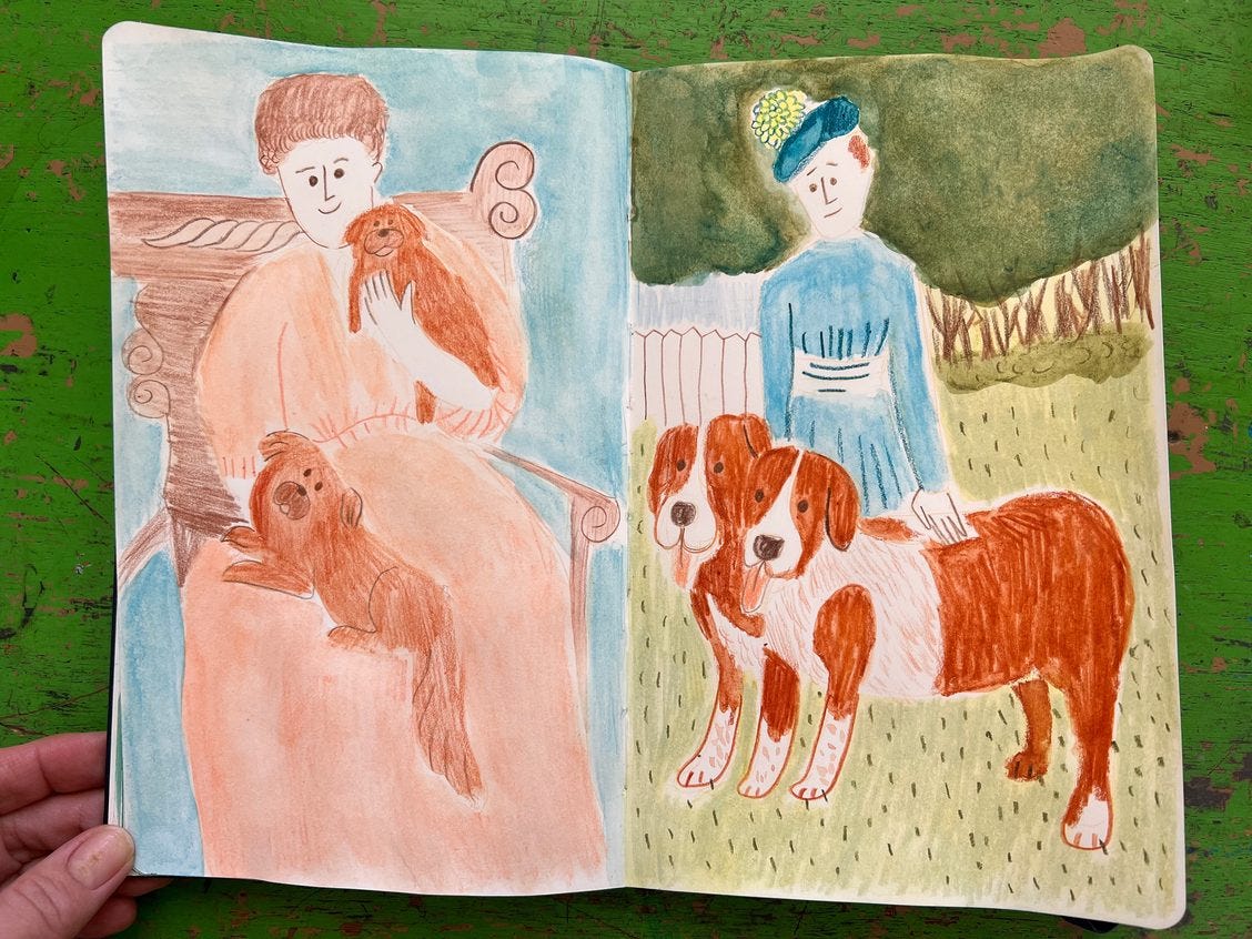 illustration of ladies with dogs