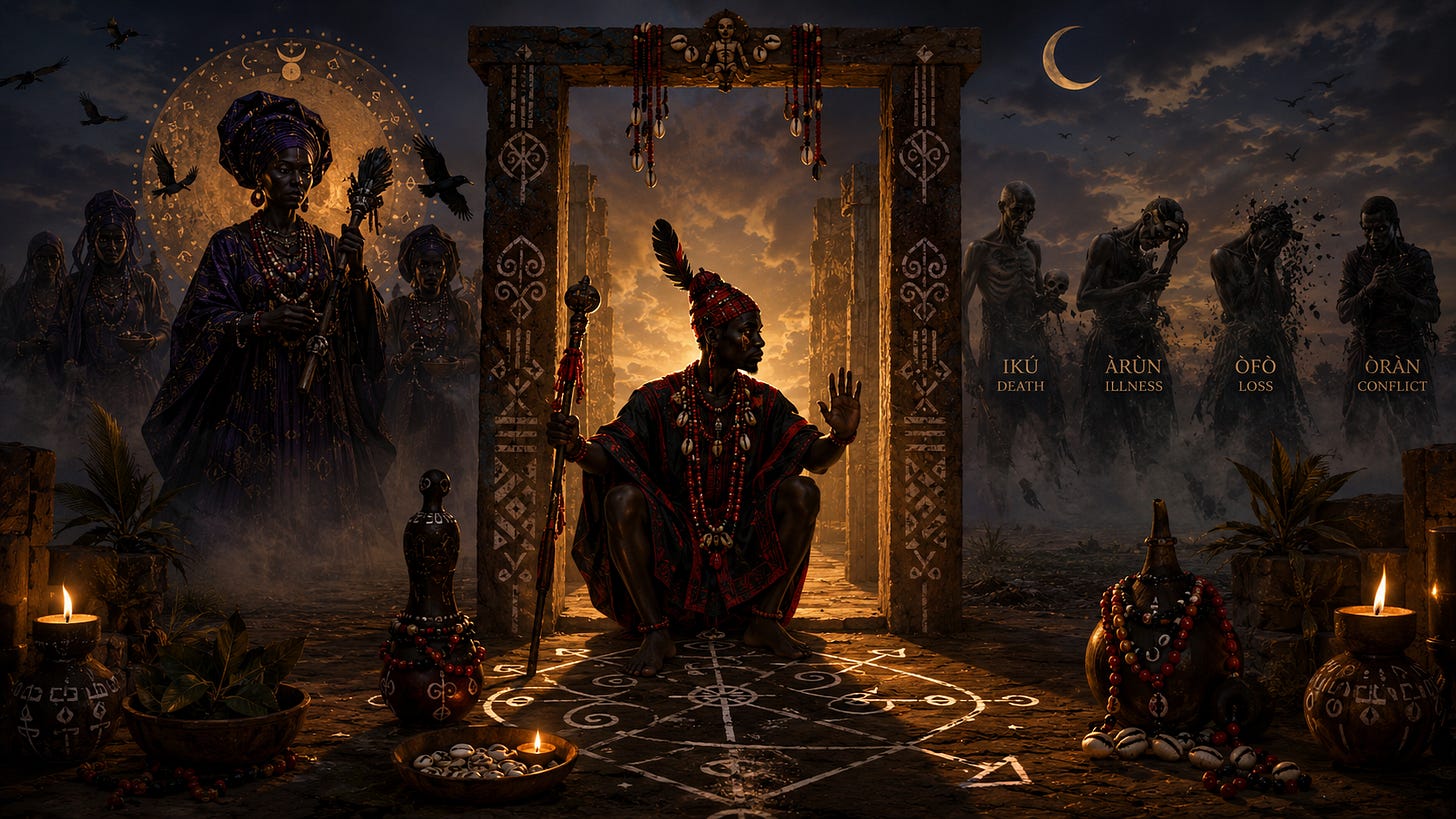 A dark, cinematic 16:9 Yoruba-inspired spiritual scene shows Èṣù seated at a sacred gateway, holding a staff and raising one hand in command. To the left, a powerful feminine figure and attendants represent the Àjẹ́ beneath a glowing circular symbol and flying birds. To the right, four shadowy figures symbolize Ikú, Àrùn, Òfò, and Òràn. Cowries, ritual vessels, candles, beads, and sacred markings surround the threshold in deep indigo, black, red, and warm gold tones. A dark, cinematic 16:9 Yoruba-inspired spiritual scene shows Èṣù seated at a sacred gateway, holding a staff and raising one hand in command. To the left, a powerful feminine figure and attendants represent the Àjẹ́ beneath a glowing circular symbol and flying birds. To the right, four shadowy figures symbolize Ikú, Àrùn, Òfò, and Òràn. Cowries, ritual vessels, candles, beads, and sacred markings surround the threshold in deep indigo, black, red, and warm gold tones.