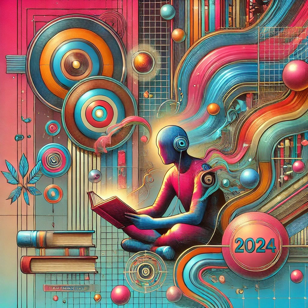 A realistic illustration inspired by 2024 graphic design trends, featuring bold candy-colored hues, subtle holographic effects, and a mix of 2D and 3D elements. The composition maintains inked-style strokes reminiscent of 1950s illustrations, but with a more modern and realistic rendering. The scene showcases a person reading a book under vibrant lighting, with intricate textures and dynamic shadows that blend retro and futuristic aesthetics.