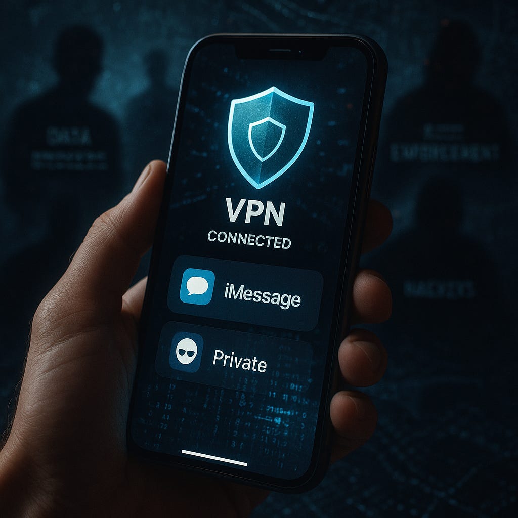 A blue-toned infographic titled “NEXT-LEVEL PRIVACY APPS: Strengthen Your Defenses” features a table comparing privacy app categories such as VPN, Secure Email & Storage, Private Browsing, Password Manager, and Calls & Messaging. In the “Why It’s Really Good” column, each software type is described with specific privacy strengths, like blocking ads, strong encryption, no location tracking, reliable global connectivity, and business-grade privacy. The visually organized chart highlights top privacy features for strengthening digital protection.