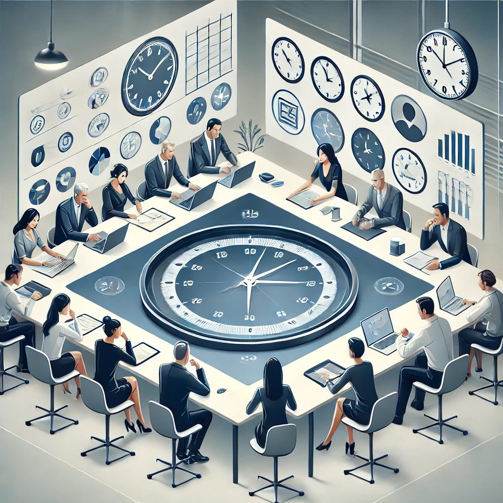 A professional and minimalistic illustration of a virtual meeting scenario, showing diverse individuals in different time zones collaborating on a shared digital workspace. The focus is on a sleek task management board or document in the center, surrounded by icons of clocks representing various time zones. The setting exudes organization and efficiency, with a clean modern design emphasizing teamwork and overcoming time zone challenges. No text or words on the image. The color palette includes professional tones like blue, white, and gray with subtle accents.