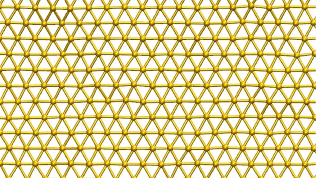 A lattice of gold-colored spheres, with each sphere connected by lines to six of its neighbors A lattice of gold-colored spheres, with each sphere connected by lines to six of its neighbors