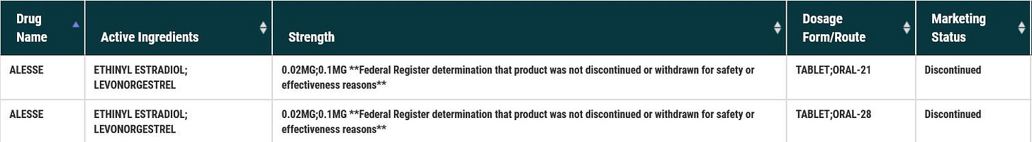 Screen shot of Drugs@fda database showing record for Alesse as discontinued