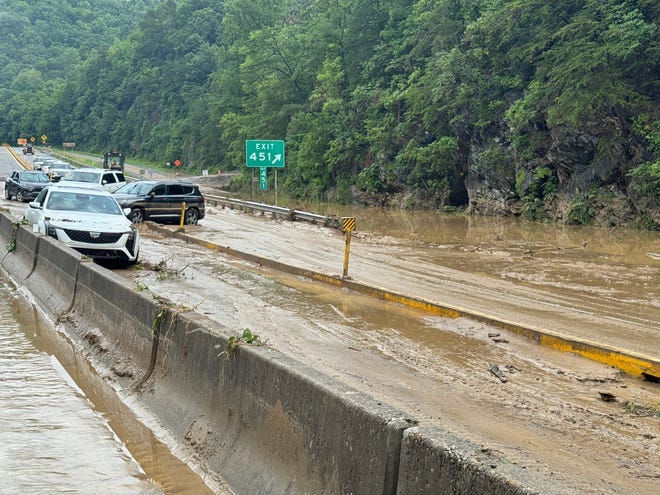A rockslide and flooding on Interstate 40 in Cocke County on June 19, 2025.