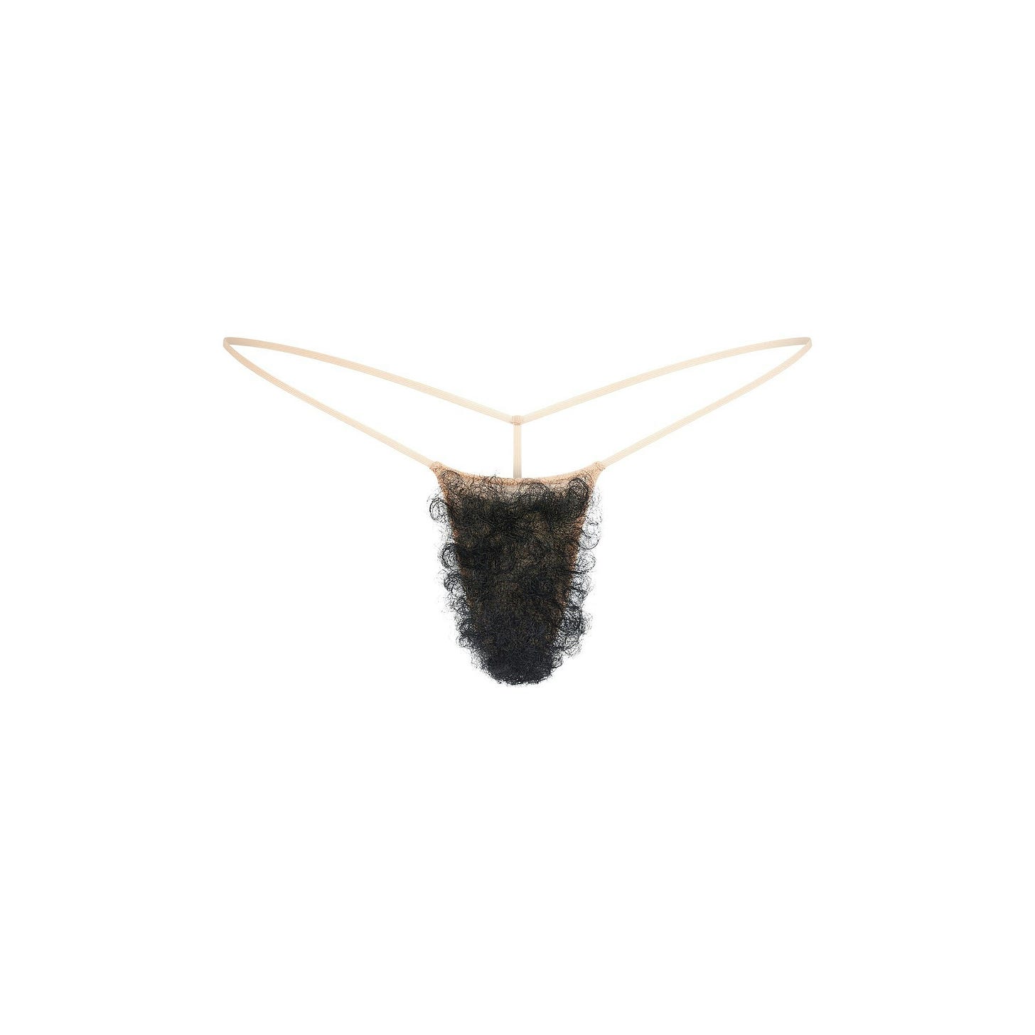 FAUX HAIR MICRO STRING THONG | CLAY BLACK CURLY FLAT ON A WHITE BACKGROUND | FOCUS: 0.0, 1.0, 0.9