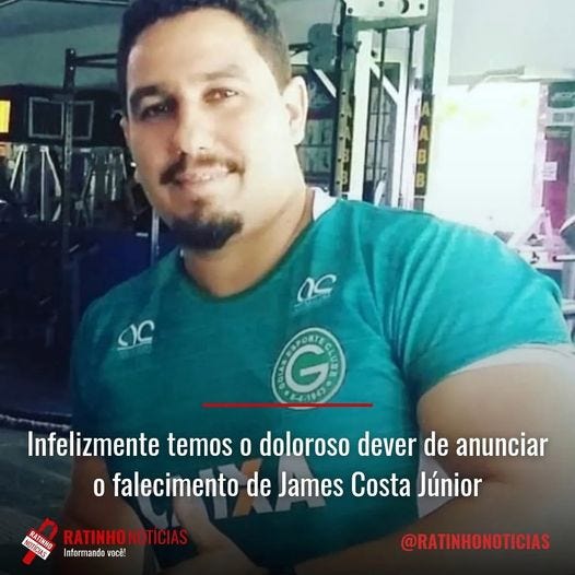 May be an image of 1 person and text that says '14184 Infelizmente temos O doloroso dever de anunciar O falecimento de James Costa Júnio BATIHO RATINHONOTÍCIAS Inforn você! @RATINHONOTICIAS'