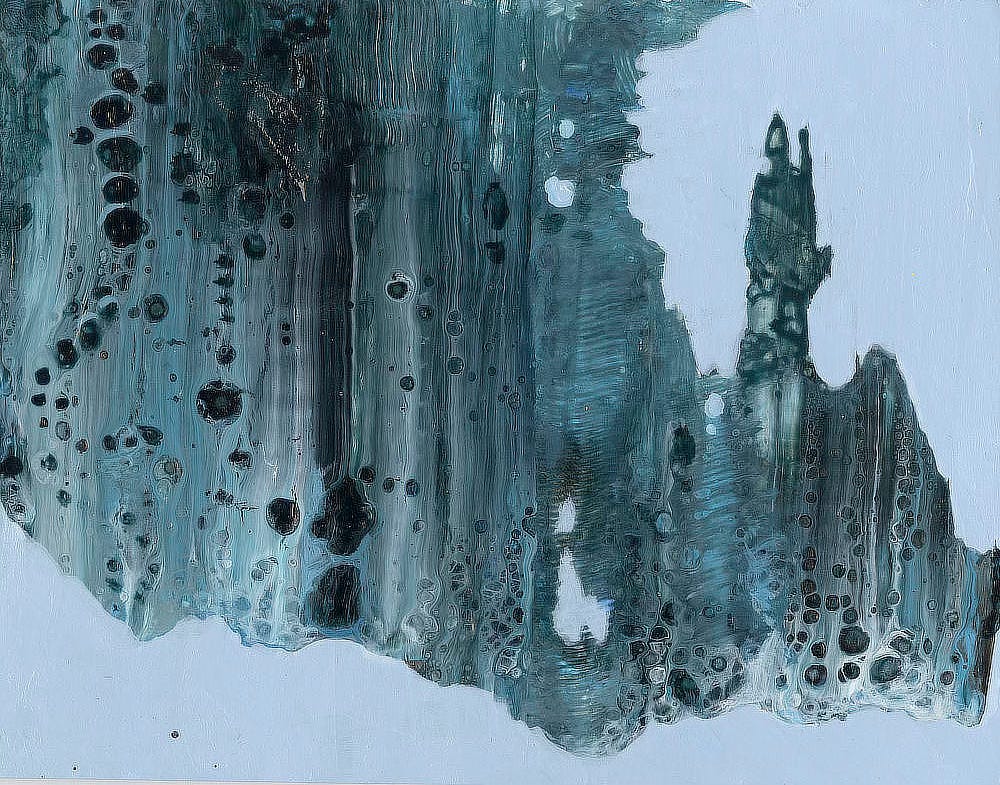 Gray streaks of paint interrupted by black bubbles that inspired the frozen alien landscape of PERILOUS PLANET. The bottom of the panel is plain white sloping downward. In the upper right, a field of white is pierced by a rocky spire.