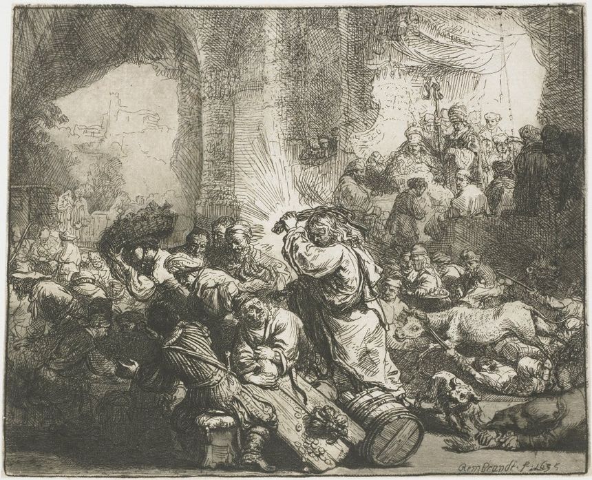 Christ Chases The Moneychangers From The Temple By Rembrandt 1635 Dutch Print Etching On Paper Jesus Swings A Whip As He Purifies The Temple By Attacking The Bankers (Bsloc2016331) Poster Print (24 x