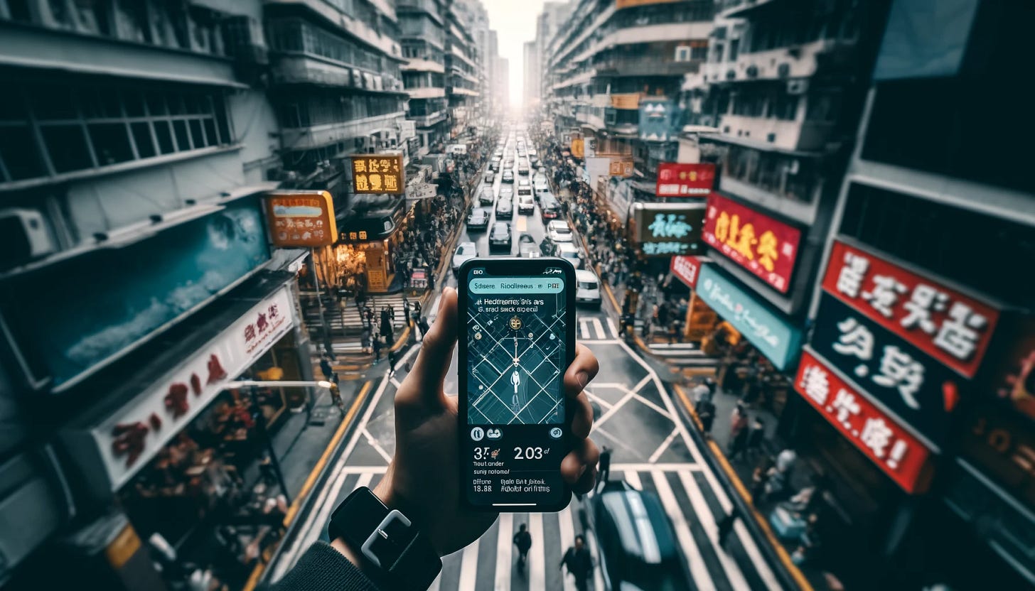 They're even higher in the air. The phone is now in the left hand. The street looks like it's in China or Japan. There are nonsense characters on the buildings.