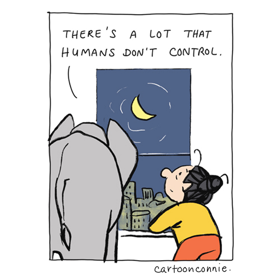 Panel 5 Panel 1 of 7 of a 2-page comic strip about managing worries, illustrating a cartoon girl with a bun talking to an elephant and preparing food. To get through the day, she has to separate her stresses and worries into different buckets. Titled "Different Buckets," original artwork by Connie Sun, cartoonconnie, 2026.