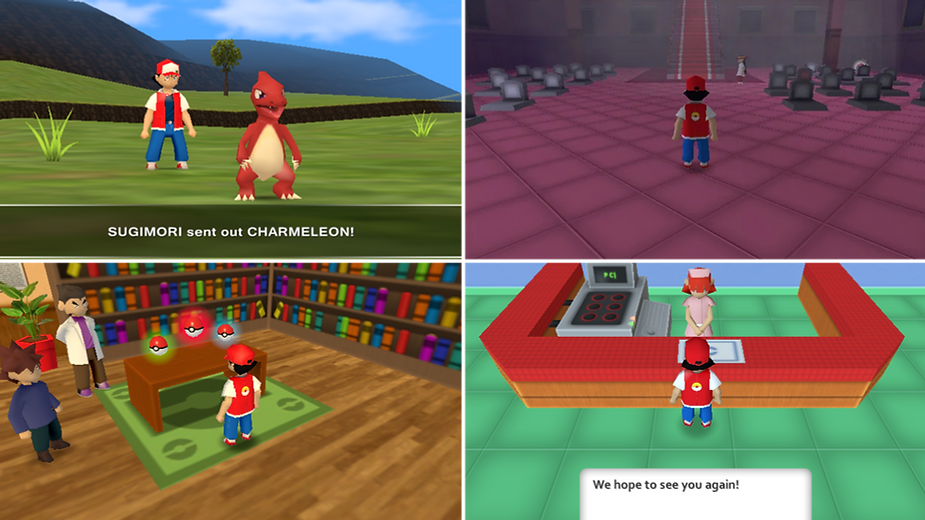 Split image: Trainer with Charmeleon in field; facing tombstones; choosing Pokéballs in colorful library; at a counter, "We hope to see you again!"