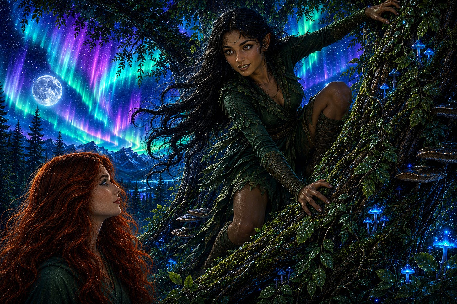 Angelika looking at Mossa as she climbs down a Somber Survivor Tree