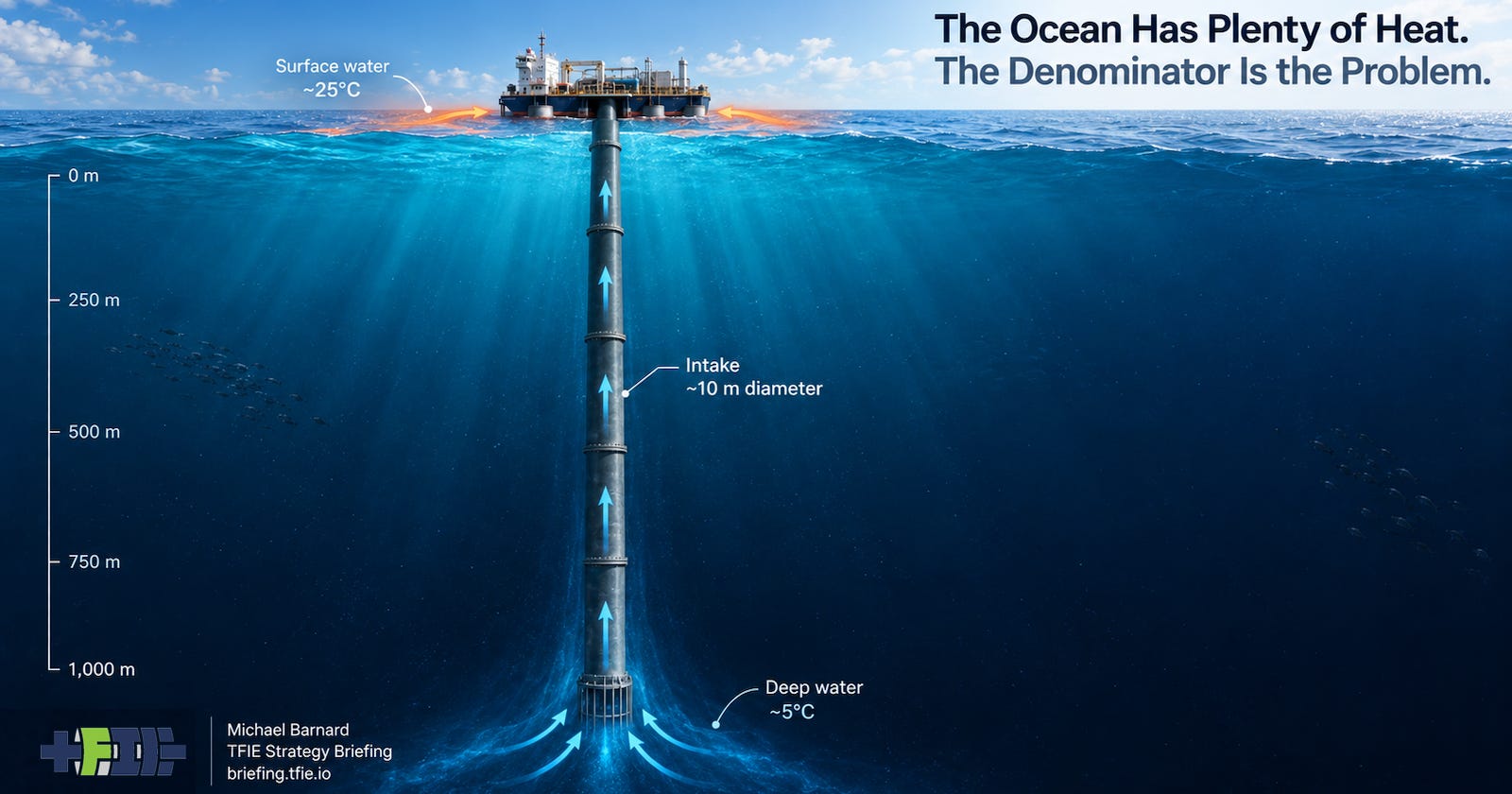 Floating OTEC plant above a tropical ocean with a roughly 10 m diameter cold-water intake extending about 1,000 m into deep water, showing warm surface water near 25°C and cold deep water near 5°C.