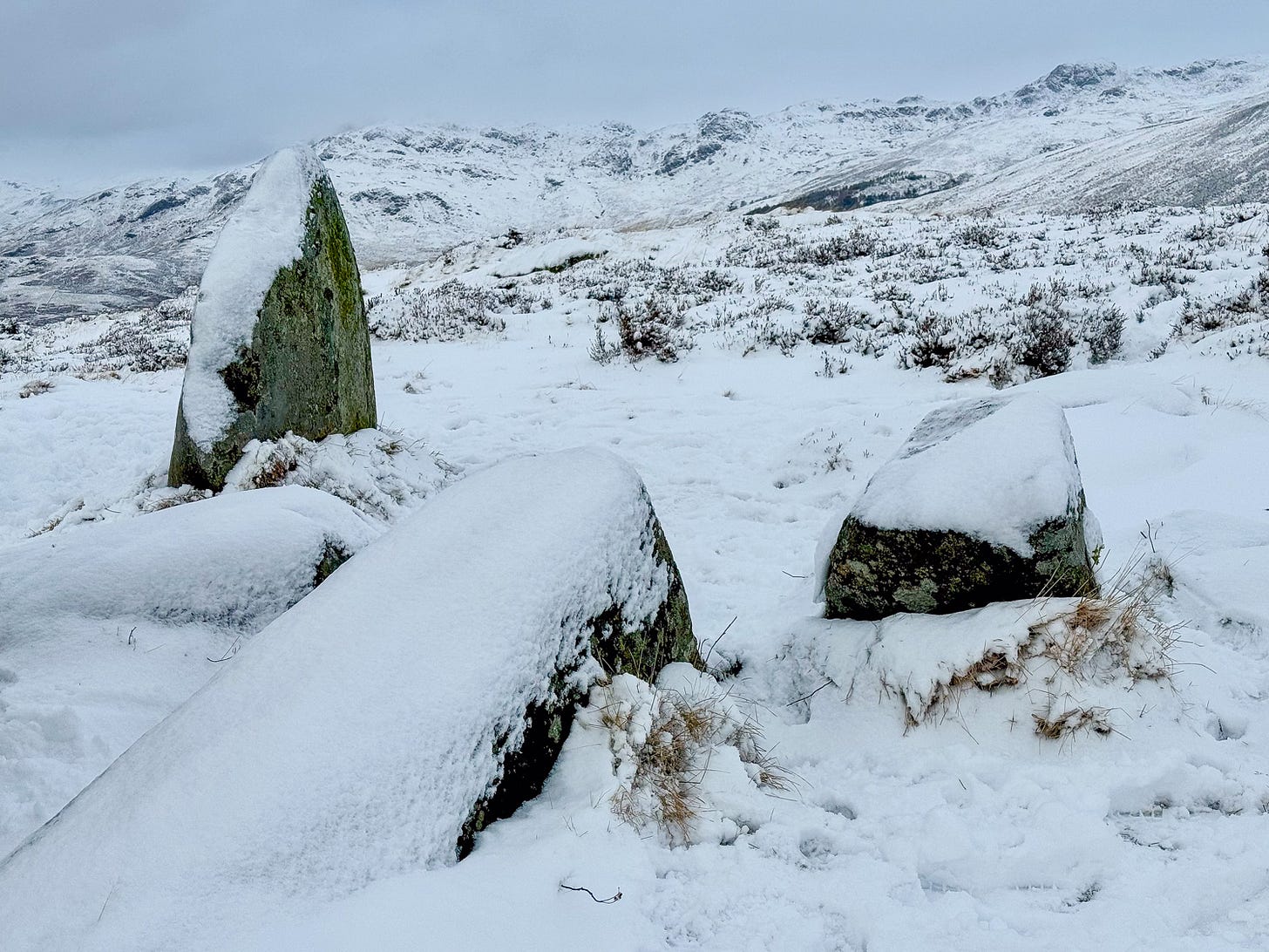 Several inches of snow covered the hill when I led our walking group up to the Balmuick stone circle last Sunday © Felicity Martin