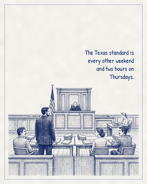 Blue-ink illustrated conversation. A father stands before a judge in a Texas custody hearing.