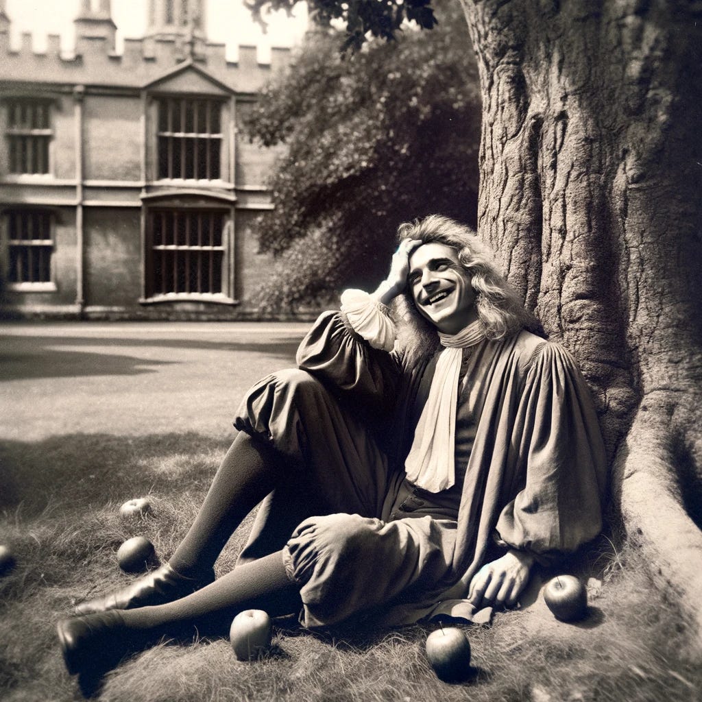 Imagine a vintage black and white photograph, styled like an old Leica camera shot, of Isaac Newton in the 17th century. He is leaning against an apple tree at Oxford, not seated, with only one apple resting next to him on the ground. Newton is holding his head with one hand where the apple struck him, but his expression is one of overwhelming joy and excitement, capturing his 'eureka' moment of discovery about gravity. He looks directly at the camera, his face lit up with a bright, enthusiastic smile. He is dressed in period-appropriate attire, featuring a long, flowing robe and a collar typical of the era. The scene is captured in a faded, monochromatic tone to enhance the historical feel, set against the lush, green scenery and historical architecture of Oxford in the background. Imagine a vintage black and white photograph, styled like an old Leica camera shot, of Isaac Newton in the 17th century. He is leaning against an apple tree at Oxford, not seated, with only one apple resting next to him on the ground. Newton is holding his head with one hand where the apple struck him, but his expression is one of overwhelming joy and excitement, capturing his 'eureka' moment of discovery about gravity. He looks directly at the camera, his face lit up with a bright, enthusiastic smile. He is dressed in period-appropriate attire, featuring a long, flowing robe and a collar typical of the era. The scene is captured in a faded, monochromatic tone to enhance the historical feel, set against the lush, green scenery and historical architecture of Oxford in the background.