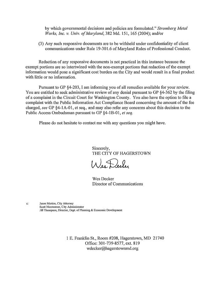 Jason Morton, Hagerstown City Attorney; Scott Nicewarmer, City Administrator; Jill Thompson, Dept of Planning and Economic Development Director; Wes Decker, Director of Communications; Denying MPIA Request for NDA with Data Center Developer Diversified Capital