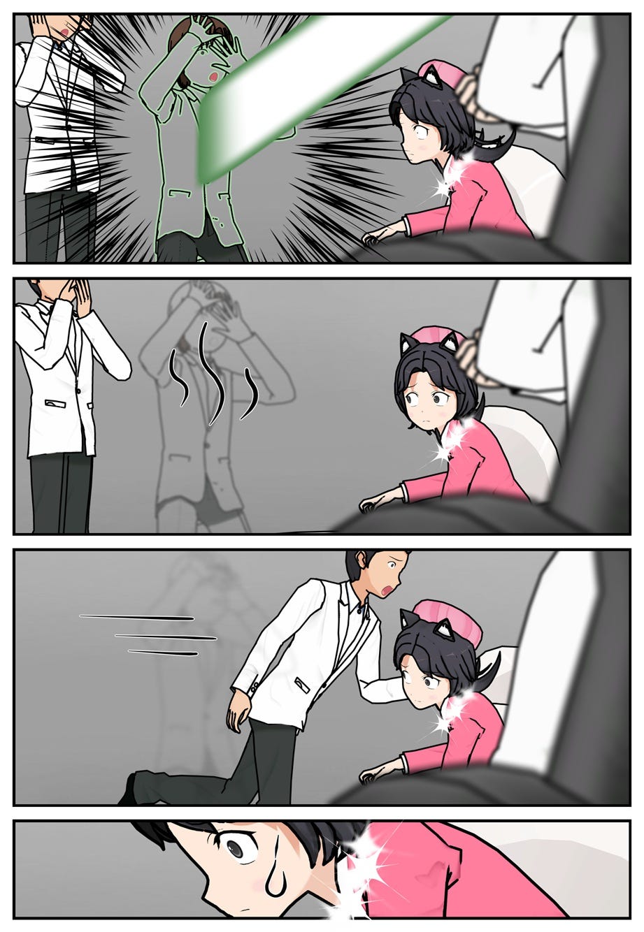 Rae watches in horror as a bright green ray shoots from above Greeneye's neck and vaporizes the minion. The other henchman runs away scared. Rae shivers.