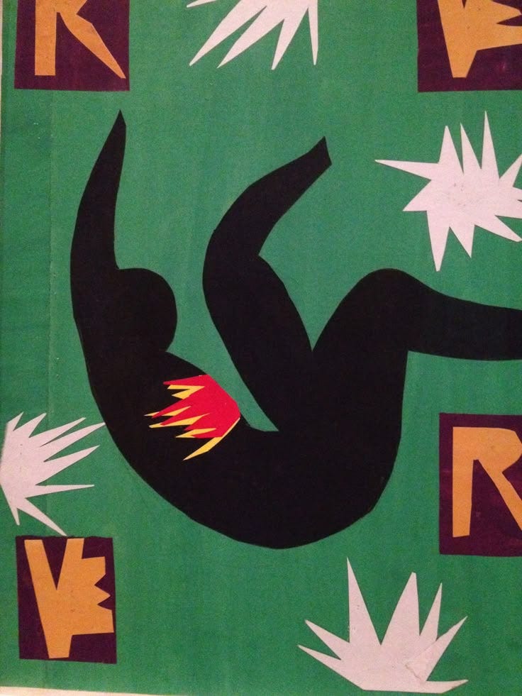 This may contain: a painting of a person falling off their back in the air with fireworks coming out of his body