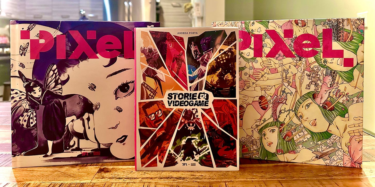 Three Italian video game books called pixel pixel two and storks di videogame