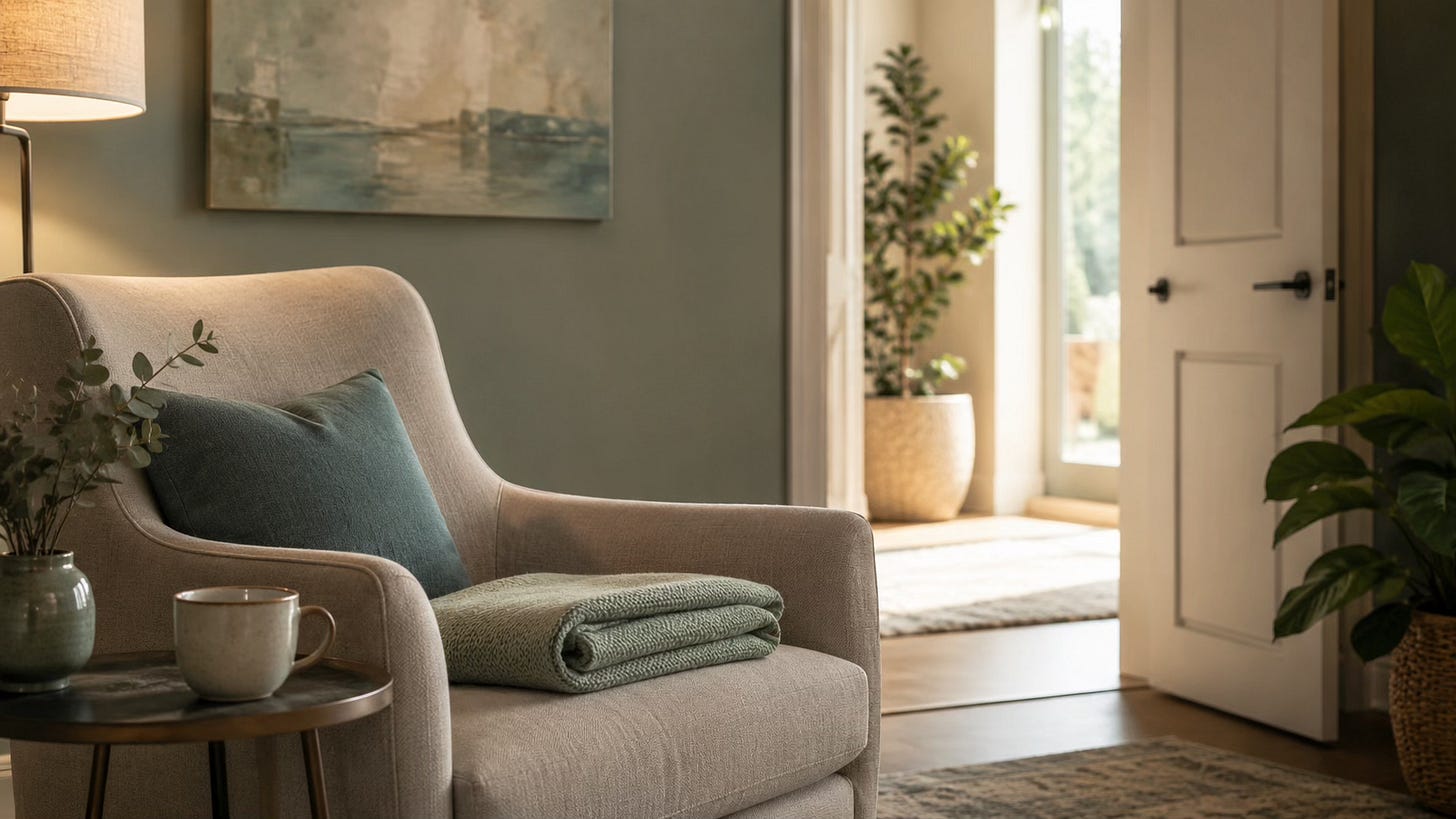 Softly lit armchair and open doorway suggesting a calm transition into support and steadiness.