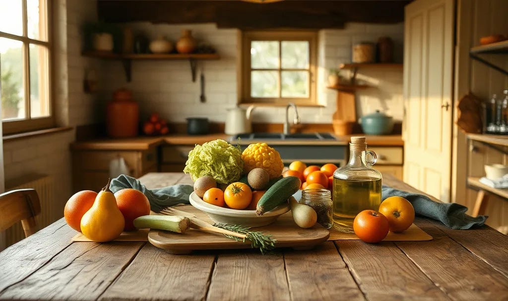 Fresh vegetables, fruits, and olive oil on a rustic wooden table in a vintage farmhouse kitchen with natural morning light