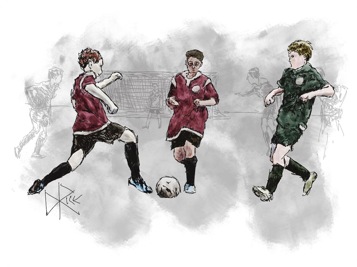 Junior boys soccer (football) players working hard to gain control of the ball and keep it in play as the ball nears the touchline of the pitch. Sketch art by Don Rice. Junior boys soccer (football) players working hard to gain control of the ball and keep it in play as the ball nears the touchline of the pitch. Sketch art by Don Rice.