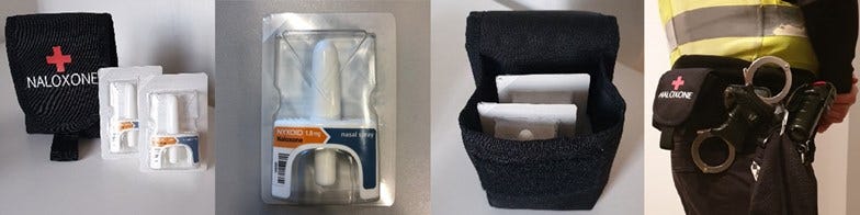 Banner image of four pictures showing black pouches marked with Naloxone, Naloxone nasal sprays and the pouch on an officer's kit belt
