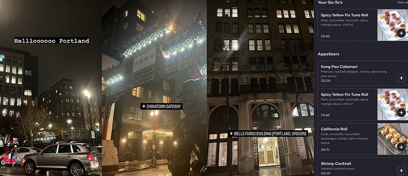 Some night pics of Portland and some items from the menu of Portland City Grill