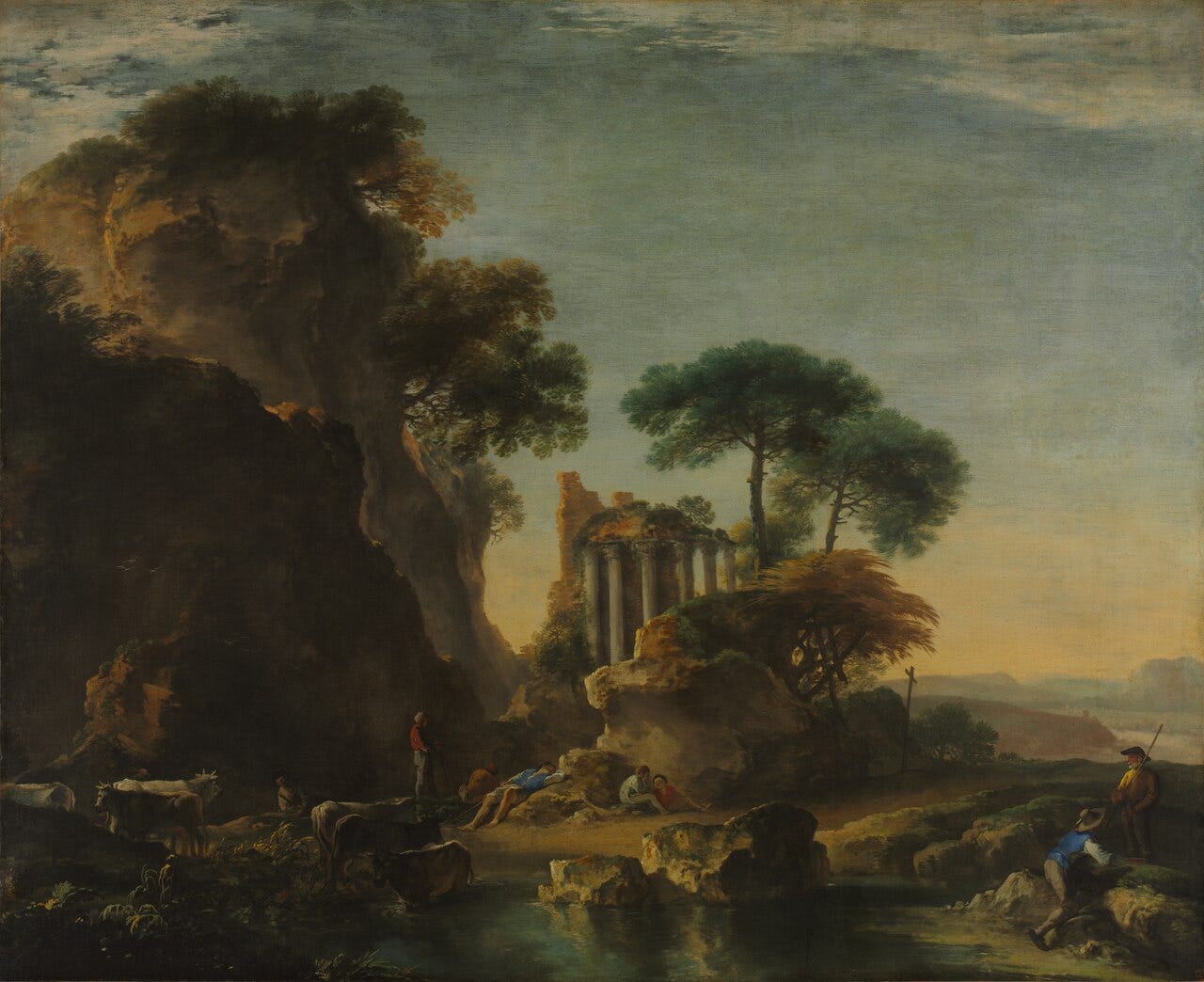 Classical ruins among wild dark rocks in silvery light Classical ruins among wild dark rocks in silvery light