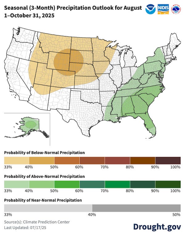 Dry conditions are favored in the north central US and interior Western United States with the greatest chances for dry conditions in Southeast Montana, eastern Wyoming, northern Colorado, Western South Dakota and Western Nebraska. Wetter conditions are favored in much of the Eastern U.S. from the Ohio River Valley east to  Atlantic Coast and from New York south to Florida and Louisiana. 