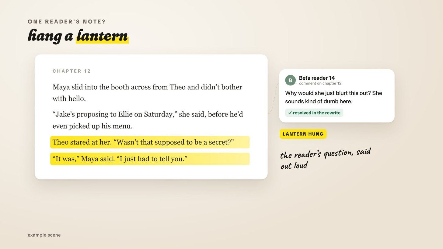 A manuscript page where a beta reader's comment asks why a character blurts out a secret, and two new lines of dialogue call the secret out, highlighted in yellow A manuscript page where a beta reader's comment asks why a character blurts out a secret, and two new lines of dialogue call the secret out, highlighted in yellow